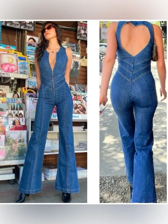 Revice Hollywood Heartthrob Retro Style Denim Flare Jumpsuit in Blue - Picture 1 of 15